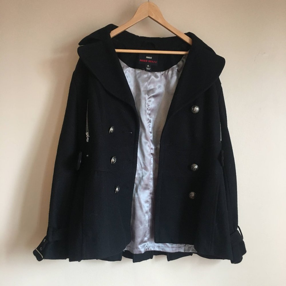 Black thick pea coat with silver buttons, L